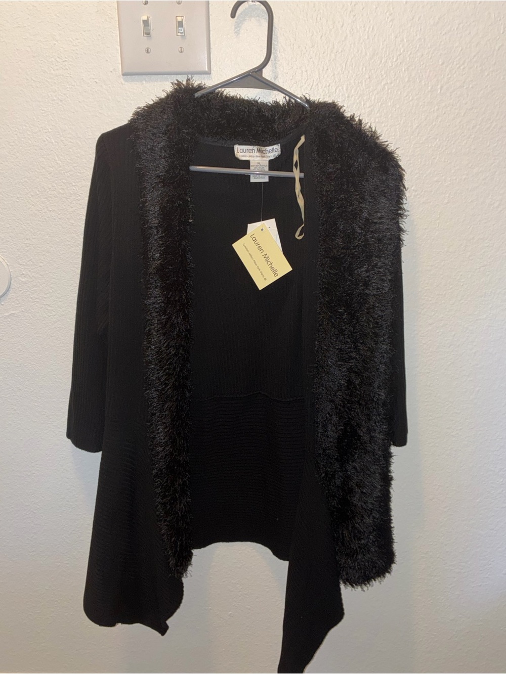 Lauren Michelle Black Faux-Fur Trim Open Cardigan